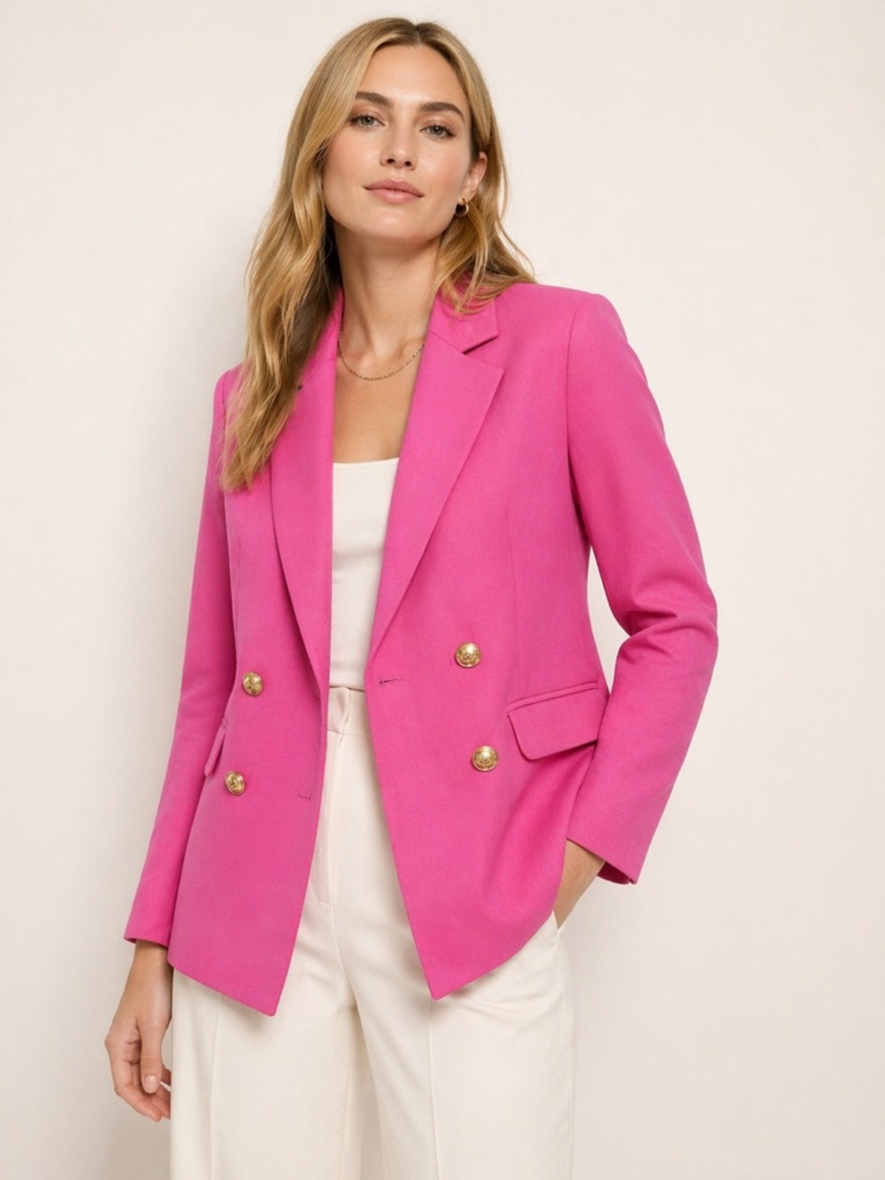 One N More Hot Pink Double‎ Breasted Blazer Gold Buttons Plaid Lining Size M